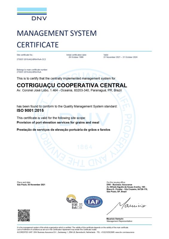 COTRIGUAÇU COOPERATIVA CENTRAL certificate