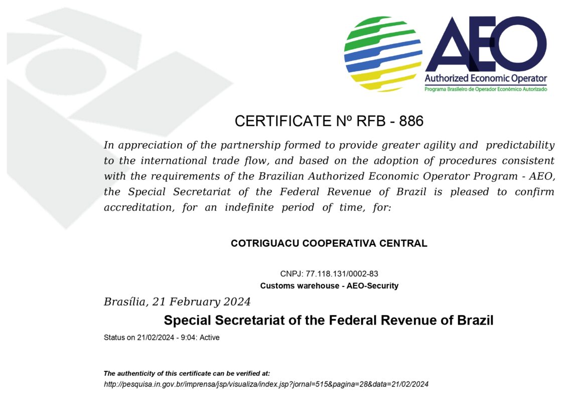 COTRIGUAÇU COOPERATIVA CENTRAL certificate